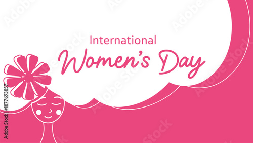 International Women's Day Greeting Background with Line Art Woman and Flower