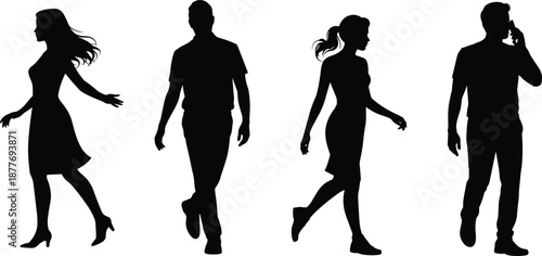Walking silhouettes, male figure, female outline, phone user, dress pose, casual walk, urban lifestyle, human shadow, everyday motion, people design