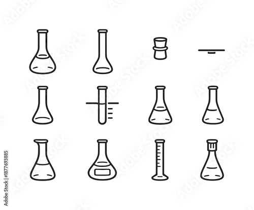 Flask Icon Set. Flask Components. Line icon set of Flask Components: flask body, long neck, stopper, calibration mark, meniscus line, volume indicator, wide