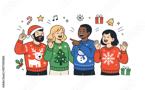 Festive Sweater Gathering. Wearing Christmas sweaters celebration. People laughing and gesturing in colorful holiday sweaters with simple festive icons around.