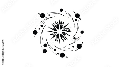 Abstract cosmic swirl with starburst center and orbiting planets