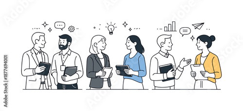 Networking Event Illustration. Professional networking event. Small groups of professionals talking and smiling, holding tablets and documents. Calm social