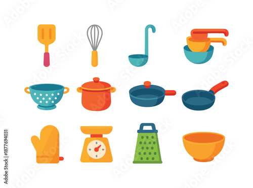 Colorful Kitchen Tool Icons. Family kitchen tools. Colorful flat vector icons set of family kitchen tools: spatula, whisk, soup ladle, measuring