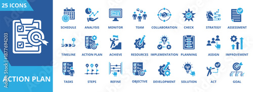 Action plan icon collection set. Containing schedule, analysis, monitor, team, collaboration, check, strategy, assessment icon. Simple flat vector