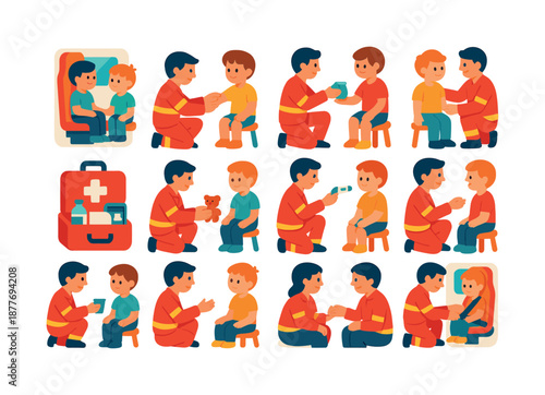 Paramedics Aid Children Icons. Paramedics supporting children. Colorful flat vector icons set of paramedics supporting children: child sitting in ambulance