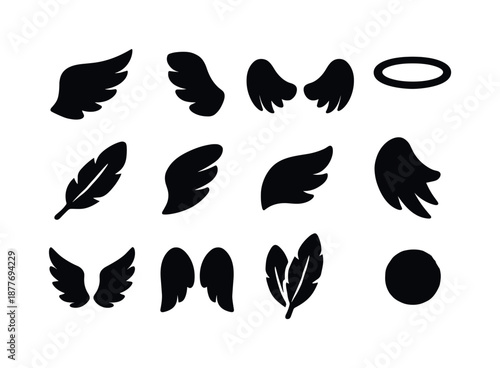 Black Angel Wings Icons. Angel wings. Solid icon set of angel wings: single wing left, single wing right, paired wings, feather, halo, wing tip, wing curve,