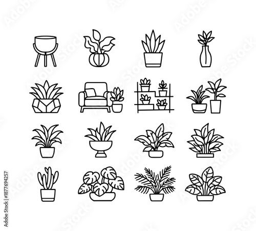 Modern Plant Icons. Modern Plant Interior. Line icon set of Modern Plant Interior: modern planter pot, sculptural plant, clean interior plant, minimalist room