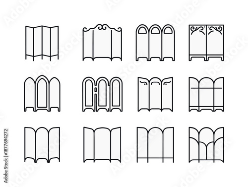 Folding Screen Icons. Folding screen. Line icon set of folding screen: decorative silhouette screen, ornate border shapes, cutout pattern, framed arch top,