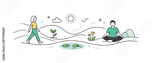 Peaceful Green Flow. Green flow composition. Curved lines and minimal shapes creating gentle movement across the scene. The mood is peaceful, organic, and