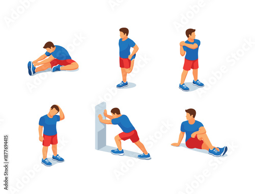 Dynamic Stretching Icons. Stretching Exercises. Isometric flat vector icons set of stretching exercises: hamstring stretch pose, quad stretch pose, shoulder