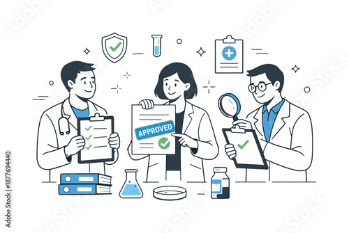Research Compliance Check. Regulatory compliance in research. Team members checking documents with approval stamps and checkmarks. Calm confidence,
