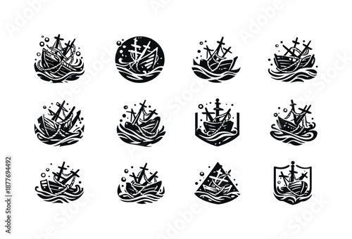 Sunken Ship Icons. sunken ships. Icon set. Set Logo of sunken ships: tangle of ropes. harmonious logo variations of the same emblematic concept, each with