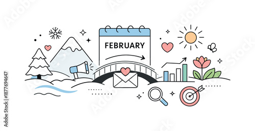 Seasonal Marketing Illustration. Winter-to-Spring Marketing Transition. A minimal scene combining winter shapes with subtle heart accents and marketing icons,