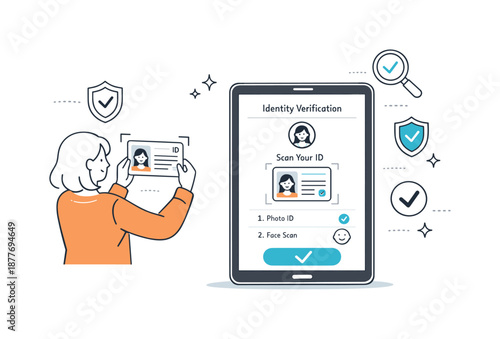 Online ID Verification. Online identity check process. A user scanning an ID document next to a tablet interface. Calm security and verification flow, document