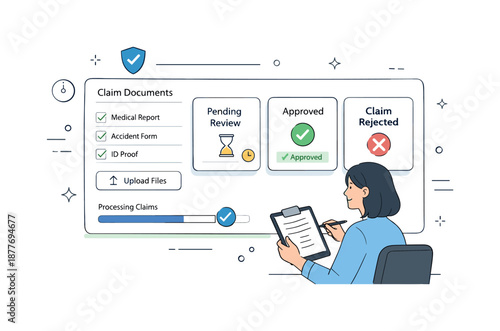 Efficient Claims Processing. Insurance claims processing. Administrator checking claim documents and approval status cards on a digital interface. Feeling of
