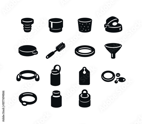 Reusable Bottle Accessories Icons. Reusable bottle accessories. Solid icon set of reusable bottle accessories: silicone stopper, metal stopper, cork stopper,