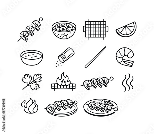 Shrimp Skewer Icons. Shrimp skewers. Line icon set of shrimp skewers: shrimp skewer, marinated shrimp, grill grate, lemon wedge, dipping sauce bowl, seasoning