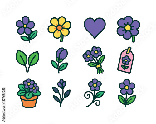 February Birth Flowers Icons. february birth flowers. Colorful isometric vector icons set of february birth flowers: violet, primrose, heart-shaped petal,