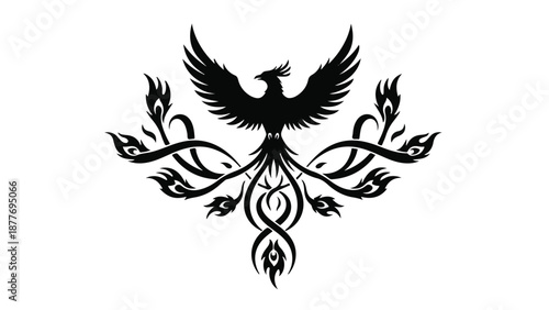 Mythical phoenix rising with fiery wings and ornate tribal design