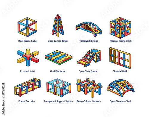 Colorful Framework Icons. Open Framework. Colorful isometric vector icons set of Open Framework: steel frame cube, open lattice tower, framework bridge,