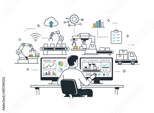 Smart Factory Monitoring. Smart factory management. A manager monitoring production lines on a digital dashboard with machines and data panels connected. Calm