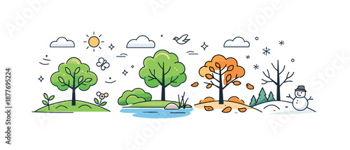 Nature's Subtle Transition. Nature in transition. Trees, clouds, and ground elements subtly changing across the scene, with light decorative accents floating