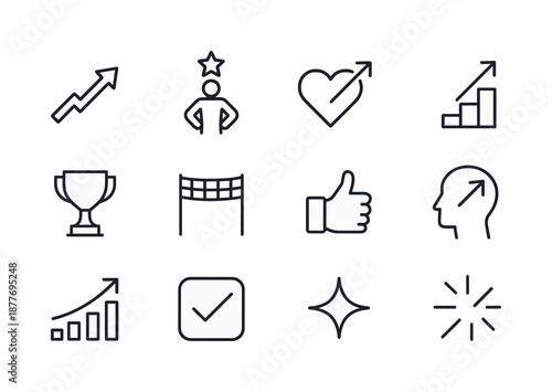 Growth Icon Set. Learning a new skill. Line icon set of confidence and growth: rising arrow, proud star, heart boost, upward steps, trophy icon, finish line,