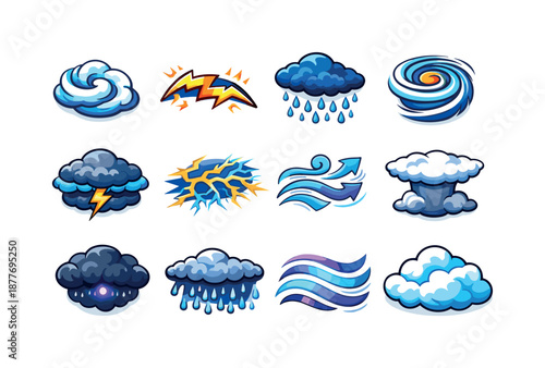 Colorful Storm Icon Set. storm patterns. Colorful isometric vector icons set of storm patterns: cloud swirl formation, lightning arc, rain cluster, storm