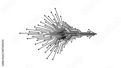 Abstract digital network explosion with branching pathways on white background