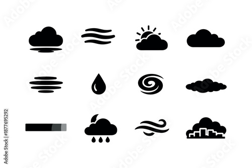 Moody Sky Icons. Moody sky. Solid icon set of Moody sky: cloud shadow, mist icon, partial sun behind cloud, drifting cloud, sky haze, subtle droplet, swirl
