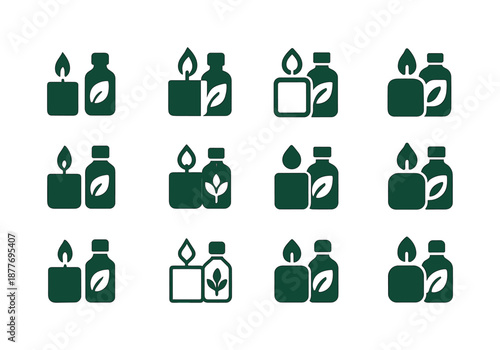 Eco-Friendly Candle Icons. Candle making with eco-friendly wax. Icon set. Set Logo of candle making with eco-friendly wax: essential oil bottle. harmonious