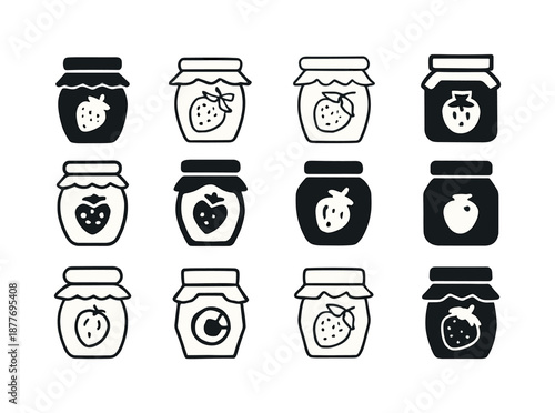Jam Logo Variations. Jam. Icon set. Set Logo of Jam: fruit preserve bowl. harmonious logo variations of the same emblematic concept, each with different