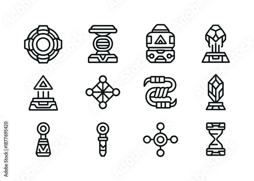 Alien Technology Icons. Ancient alien technology. Line icon set of Ancient alien technology: energy core, propulsion coil, alien battery, control module,