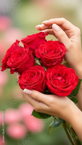 Wallpaper Mural Hands holding a bouquet of vibrant red roses in a garden setting Torontodigital.ca