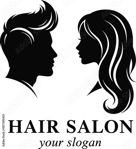 Modern hair salon logo featuring male and female profile silhouettes, elegant hairstyling concept, beauty studio branding icon, minimalist black and white design