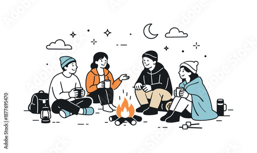 Cozy Campfire Gathering. Campfire evening. People gathered around a small fire, sharing warmth and conversation. Cozy outdoor atmosphere and simple