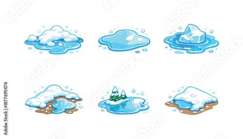Winter Puddle Icons. Puddle and melting snow objects. Isometric flat vector icons set of puddle and melting snow objects: snow puddle mixture, glossy meltwater