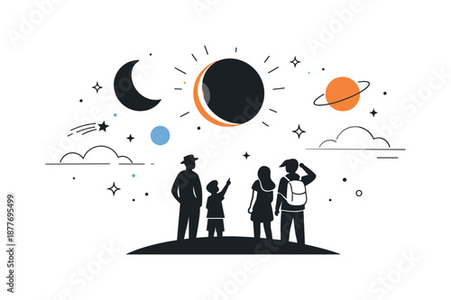 Eclipse Watching Spectacle. People watching eclipse atmosphere. Silhouetted figures under a partially darkened sky with abstract celestial shapes. Sense of