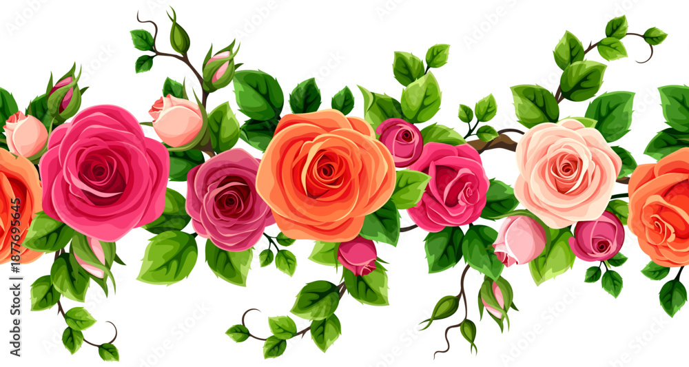 Fototapeta premium Floral seamless border with red, pink, and orange roses and green leaves. Rose flowers vine. Vector seamless floral garland