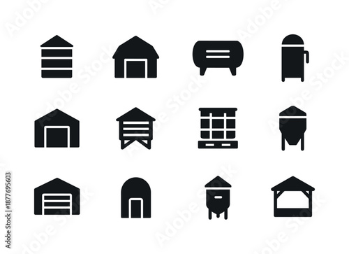 Farm Storage Icon Set. Farm storage structures. Solid icon set of farm storage structures: grain bin, hay barn, feed storage, steel tank, dry storage shed,