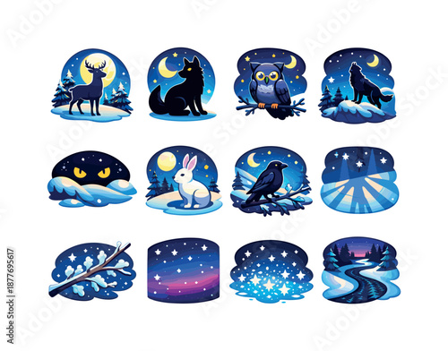 Winter Night Wildlife Icons. Winter night wildlife. Colorful isometric vector icons set of winter night wildlife: moonlit deer, night fox silhouette, owl under