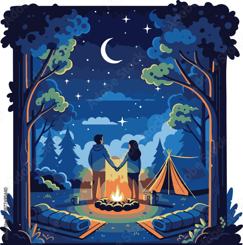 Romantic Couple Camping by Campfire Under Starry Night Sky Vector Illustration