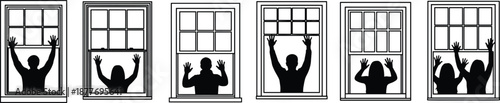 People silhouettes standing behind windows with raised hands isolated on white background symbolizing isolation communication hope quarantine and social connection concept
