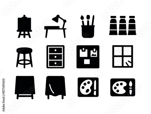 Studio Icon Set. Studio setup. Solid icon set of studio setup: easel, canvas, work table, desk lamp, brush jar, paint tubes, stool, storage drawers,