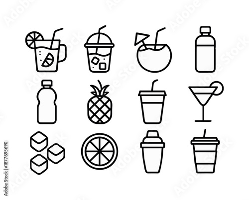 Monochrome Summer Drinks Icons. Summer drinks. Line icon set of Summer drinks: lemonade glass, iced tea cup, coconut drink, smoothie bottle, water bottle,