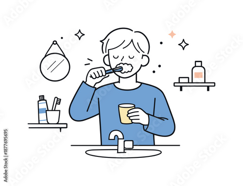 Evening Dental Routine. Brushing teeth before bed. A person brushing teeth in a calm evening setting with minimal bathroom details. Quiet routine and
