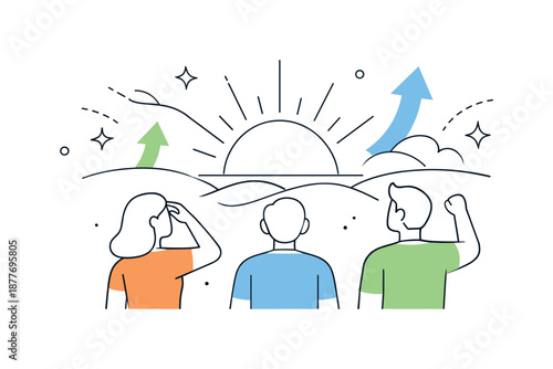 Hopeful New Beginnings. Hopeful future outlook. Abstract figures looking toward a rising sun and gentle upward shapes. Calm optimistic mood expressing belief