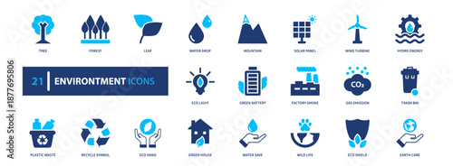 Environment solid icon set. Sustainability ecology renewable energy recycling climate icons for environmental campaign, green business, education, and UI design