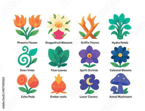 Mythical Botanical Icons. Mythical botanicals. Colorful flat vector icons set of mythical botanicals: phoenix flowers, dragonfruit blossoms, griffin thorns,