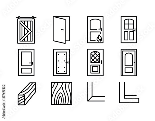 Wooden Door Icons. wooden door. Line icon set of wooden door: sliding barn door, swing door, fire door, exterior door, interior door, reinforced door, stained